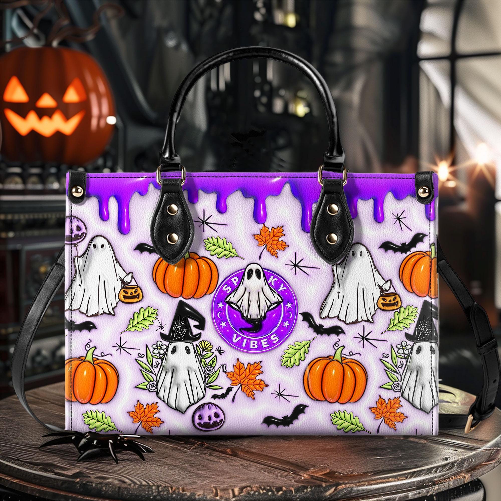 Discover Spooky Vibe Print 3D Effect Leather Handbag With Handle, Ghost Pumpkin Bags, Wallet, Print 3D Halloween Bags, Trick Or Treat Halloween Bags