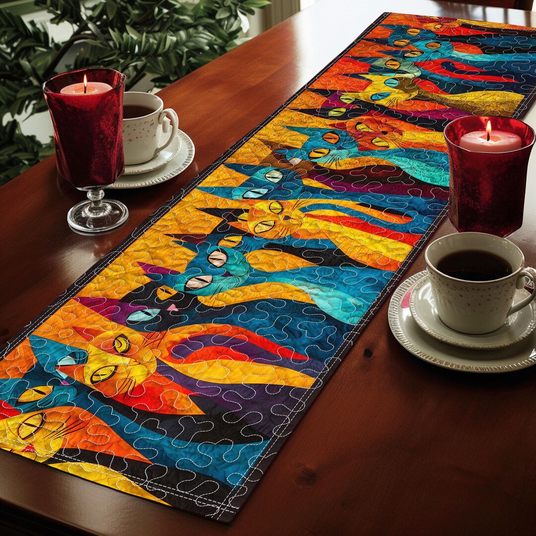 Colorful Cats Quilted Christmas Table Runner, Christmas Table Runner ...