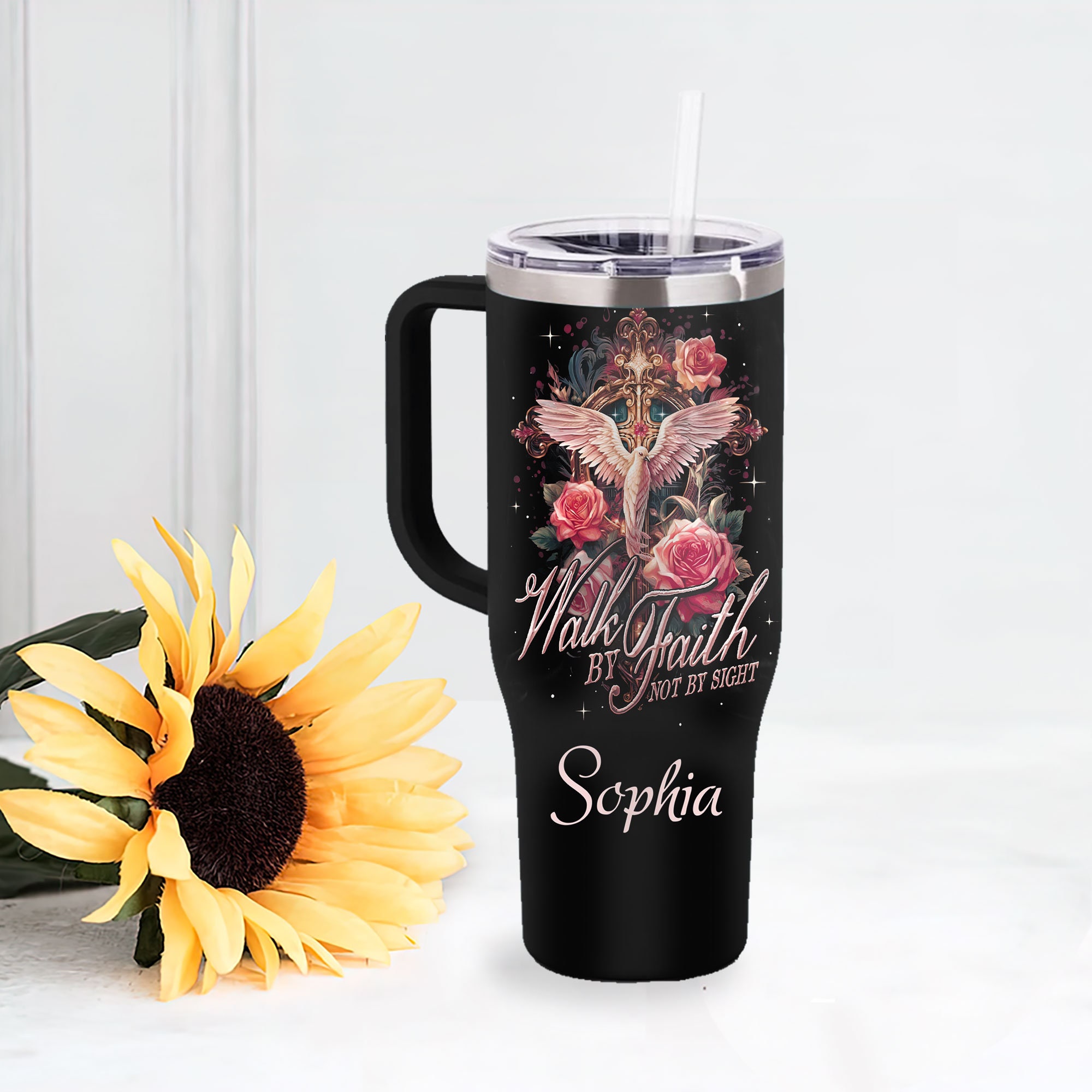 Personalized Jesus And Cross Butterfly 40 Oz Tumbler, Walk By Faith Not By Sight Tumbler