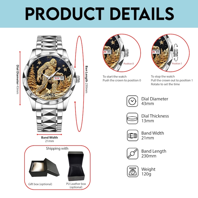 May include: Silver wristwatch with a black face featuring a gold Sasquatch design. The watch has a 43mm dial diameter, 13mm thickness, and a 21mm band width. The band length is 230mm, and the watch weighs 120g. The text "PRODUCT DETAILS" is at the top.