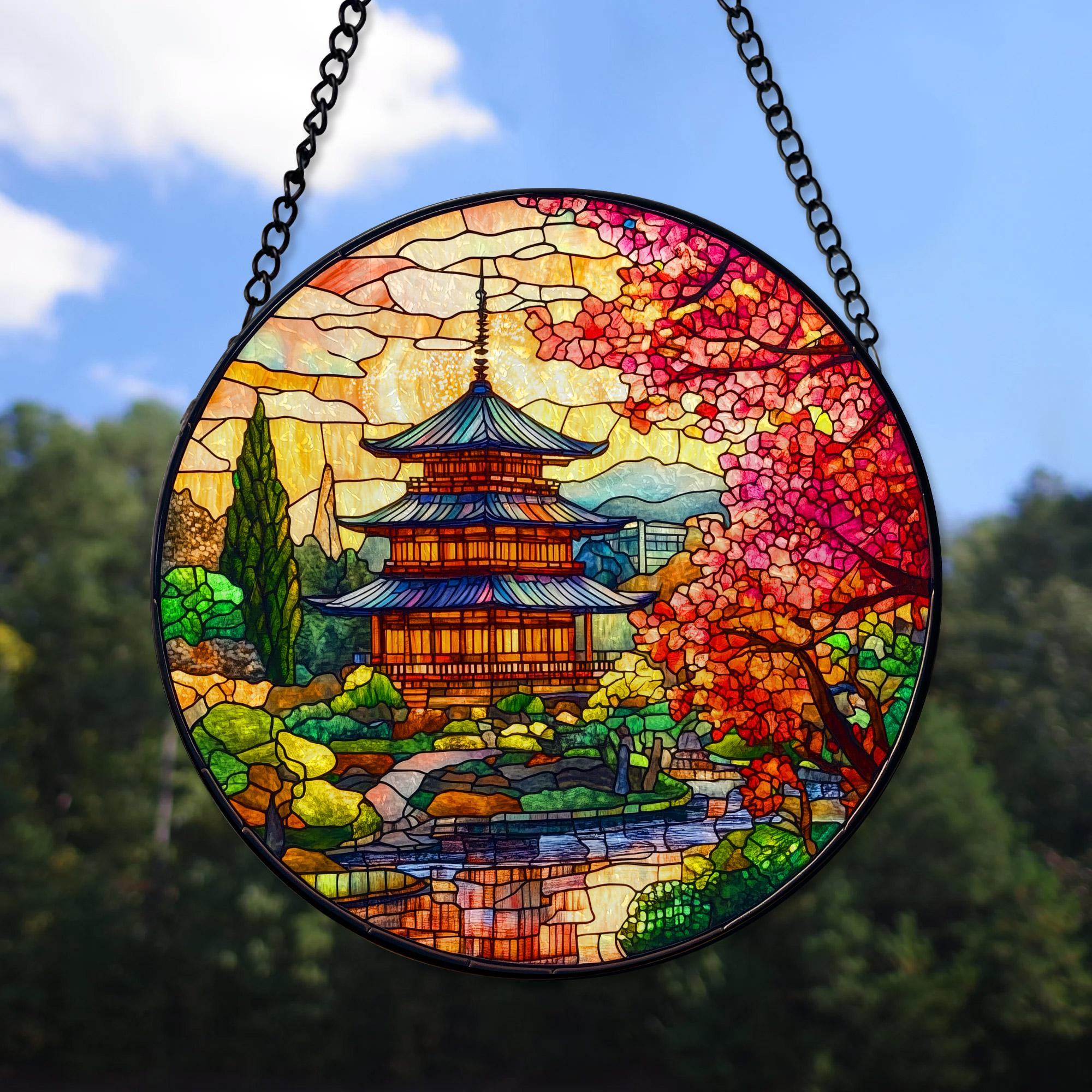 Japanese Pagoda Faux Stained Glass, Japanese Glass Suncatcher