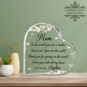 Texte personnalisé et fleurs maman cadeau coeur plaque acrylique, cadeaux personnalisés pour la fête des mères de la fille, cadeau pour maman, cadeaux d'anniversaire