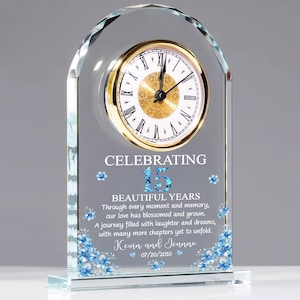 Personalized 15th Wedding Anniversary Acrylic Desk Table Clock, Anniversary Wedding Gifts For Husband, Wife, 15 Years Anniversary Clock