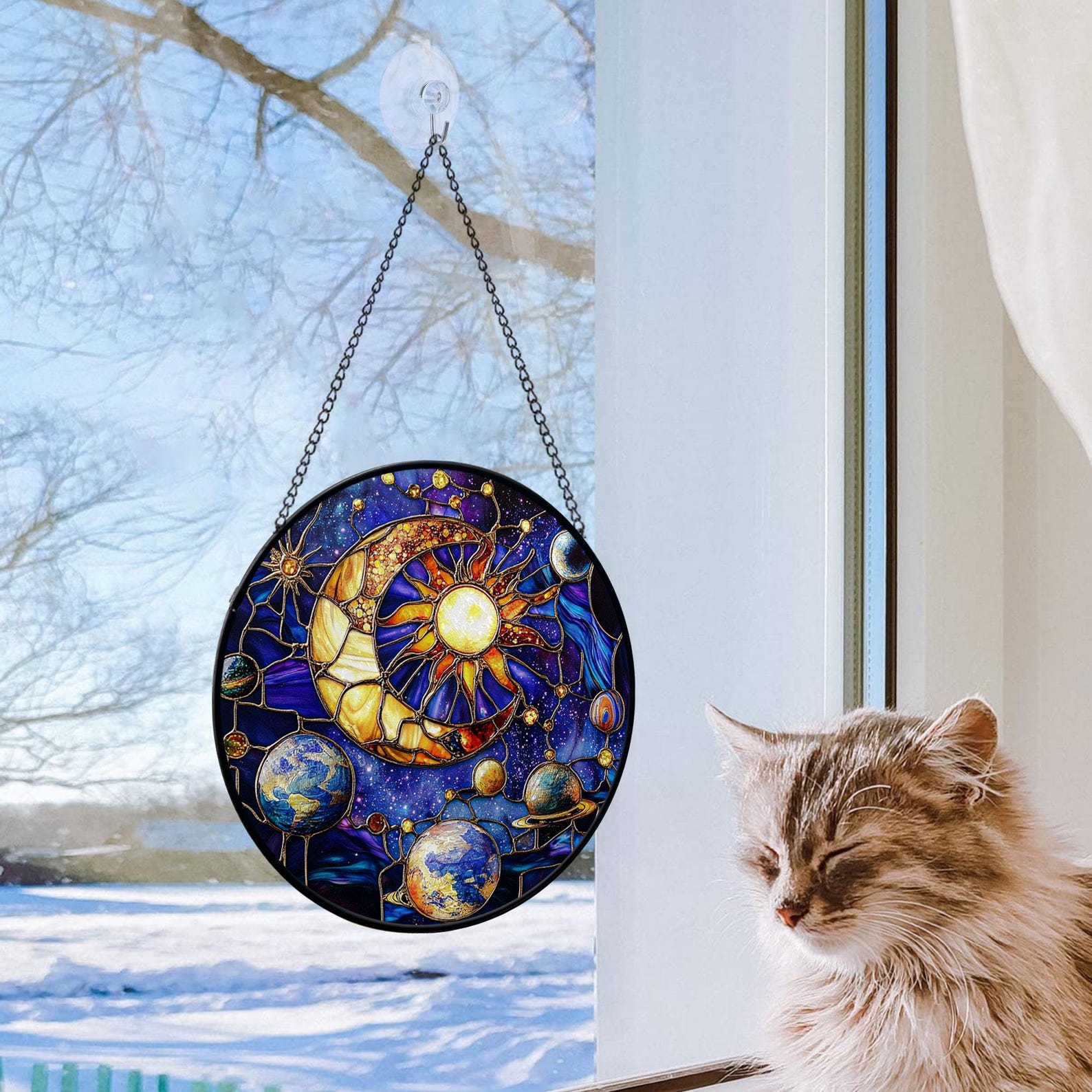 Faux Stained Glass Celestial Suncatcher, Sun Moon and Stars Window ...