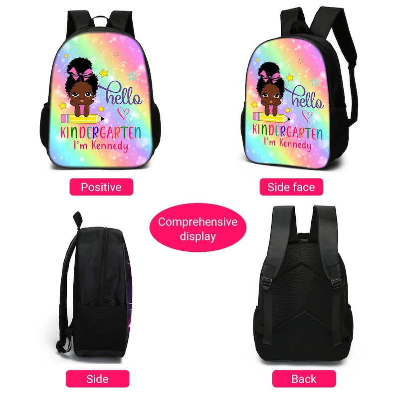 Peut inclure: Un sac &agrave; dos noir avec un motif arc-en-ciel repr&eacute;sentant une fille de dessin anim&eacute; tenant un crayon. Le sac &agrave; dos porte le texte "hello" et "KINDERGARTEN I'm Kennedy".