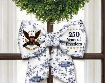 Personalized Toile De Jouy USA 250th Anniversary Bow Sash, 1776-2026 – Custom Family Name Patriotic Wall Bow
