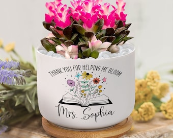 Personalized Teacher Ceramic Plant Pot, Custom Name Plant Pot For teacher, teacher Appreciation Gift, Thank You For Helping Me Bloom