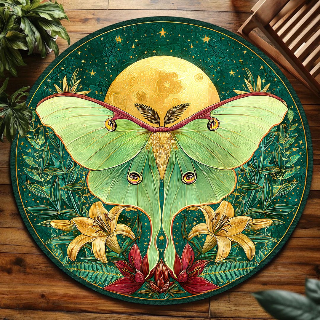 Moth Pattern Rug Luna Moth Round Rug, Green Botanical Moon Floor Mat, Nature Art Circle ...