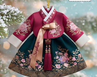 Ornamento natalizio in acrilico personalizzato piatto 2D con abito coreano Hanbok, decorazione tradizionale asiatica, regalo per le feste, regalo per gli amanti della Corea