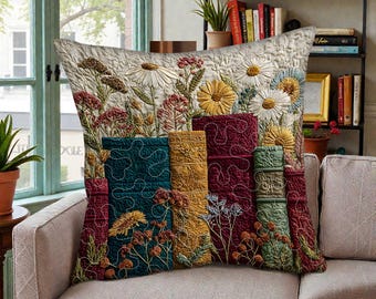 Vintage Books & Wildflowers Quilted Pillow Case – Printed Faux Embroidered Book Lover Cushion Cover, Floral Book Stack Quilt Pillow Case