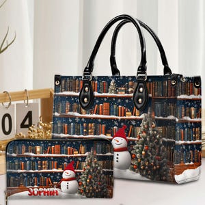 Bolso de mano personalizado con asa y diseño navideño, cartera, bolsas navideñas con muñeco de nieve, regalo navideño para ella, accesorios navideños