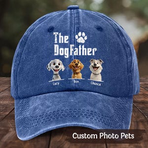 Personalized 2D Cartoon Dog Dad Hat – Custom “The DogFather” Denim Cap with Pet Cartoon Photos and Names, Gift for Dog Lovers