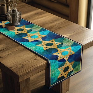 Camino de mesa con estampado de la Estrella de David, decoración de mesa judía de Hanukkah, mantelería de Hanukkah, camino de mesa festivo de Hanukkah