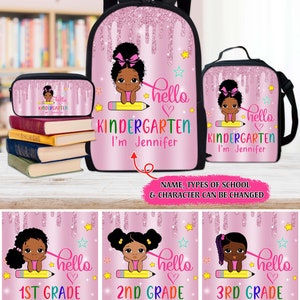 Sac à dos personnalisé pour la rentrée des classes pour enfants afro-américains, sac à lunch petite fille noire, trousse à crayons, cadeaux de rentrée des classes pour enfant noir