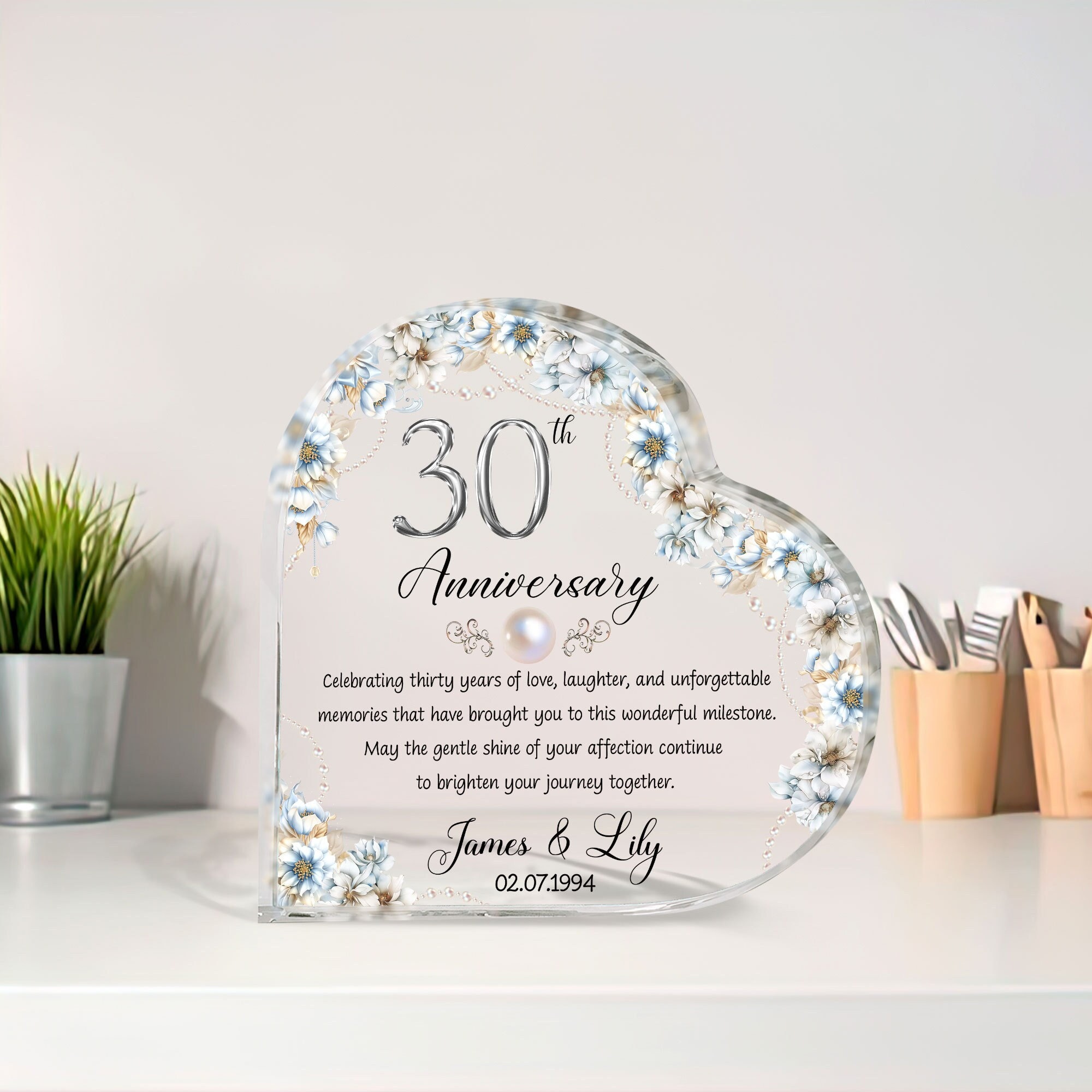 Personalized 30th Wedding Anniversary Gift Heart Acrylic Plaque, 30th Pearl Wedding Gifts For Parents, 30th Anniversary