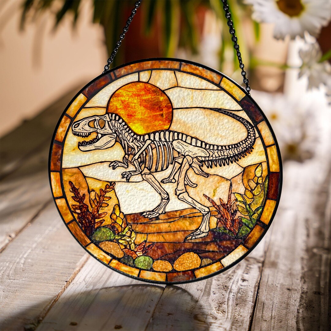 Dinosaur Skeleton Faux Stained Glass Suncatcher, Prehistoric Window ...