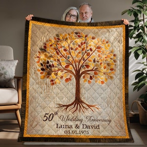 Personalisierte 50. Hochzeitsjubiläum Quilt Decke, 50. Goldene Hochzeit Decke Geschenke für Eltern, Großeltern, 50. Goldjubiläum Geschenk