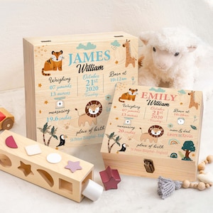 Caja de recuerdos personalizada para bebé, caja de madera para recién nacido, caja de madera con adorables animales para niña y niño, regalo de Navidad.