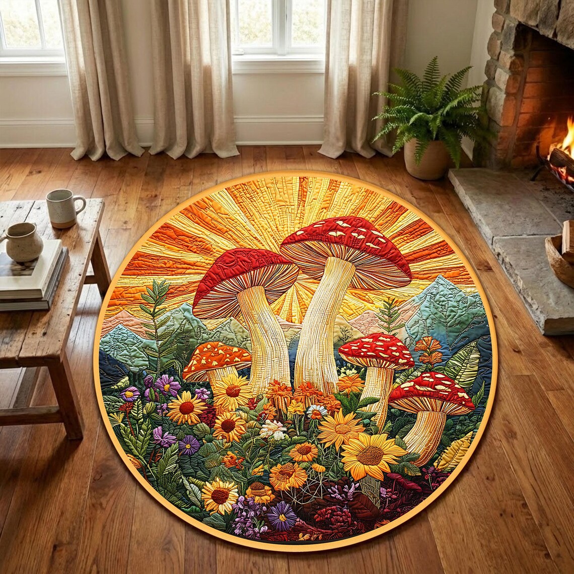 Area Rug 2d 2D Flat Printed Fantasy Mushroom Round Area Rug, Forest Path Carpet ...