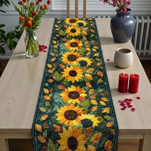 Sunflower Quilted Table Runner, Quilted Sunflower Table Runner, Bright Yellow Floral Centerpiece for Dining & Kitchen