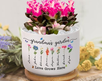 Personalized Birth Month Flowers Grandma's Garden Ceramic Plant Pot, Mom's Garden Plant Pot, Personalized Gift For Mom, Grandma