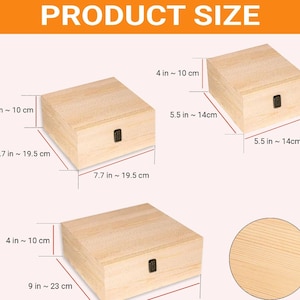 May include: Three wooden boxes with lids and metal hinges. The boxes are different sizes. The largest box measures 9 inches by 7.7 inches by 4 inches. The medium box measures 5.5 inches by 7.7 inches by 4 inches. The smallest box measures 5.5 inches by 5.5 inches by 4 inches.