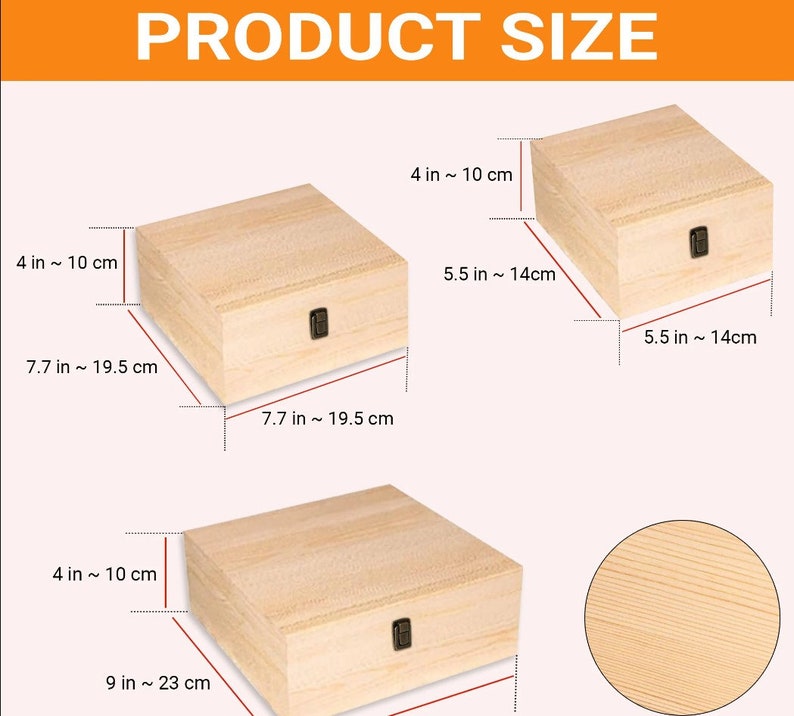 May include: Three wooden boxes with lids and metal hinges. The boxes are different sizes. The largest box measures 9 inches by 7.7 inches by 4 inches. The medium box measures 5.5 inches by 7.7 inches by 4 inches. The smallest box measures 5.5 inches by 5.5 inches by 4 inches.