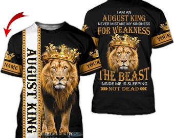 Personalized name August birthday tshirt for men, birthday gift for him born in August, leo king tshirt, August men shirt, August shirt men