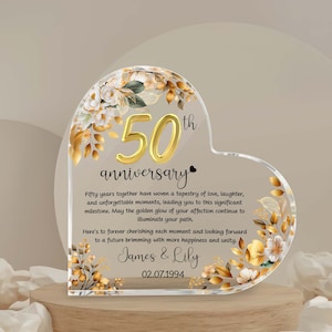 Personalized 50th Wedding Anniversary Gift Heart Acrylic Plaque, 50 Gold Wedding Gifts For Parents, Golden 50 Anniversary Gift, Husband Gift