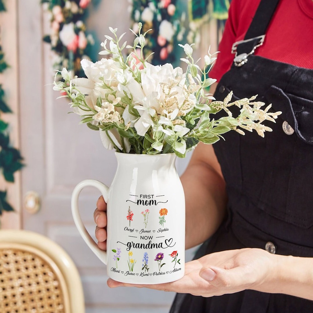 Personalized First Mom, Now Grandma Flowers Vase, Birth Month Flowers ...
