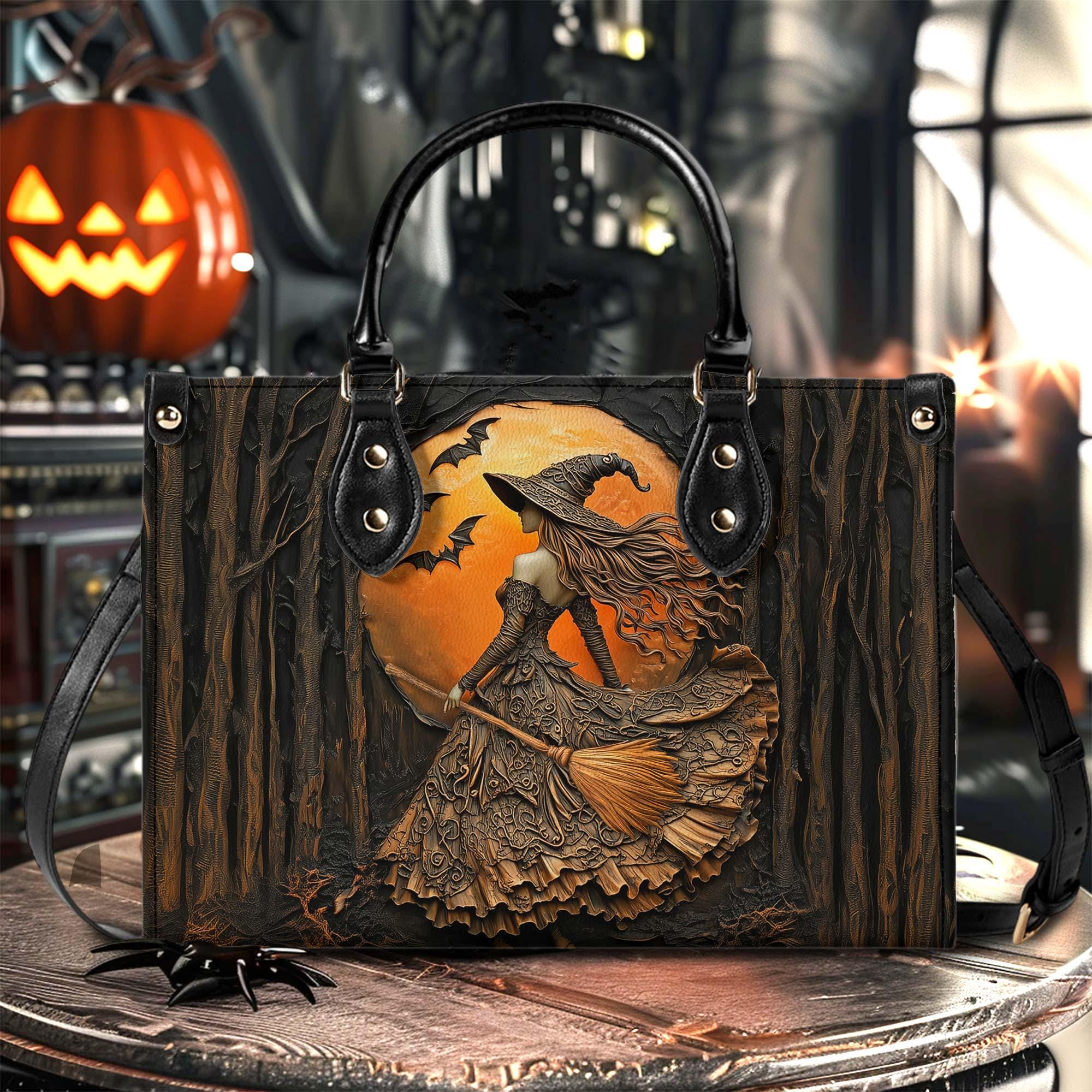 Personalized Witch Printed Art Leather Handbag With Handle, Spooky Halloween Bags, Trick Or Treat Halloween Bags, Witchy Gothic Bags