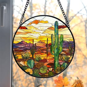 Cactuses in the Desert Faux Stained Glass Suncatcher, Window hangings for garden, House Decoration, Housewarming Gift, Cactus Tree Decor