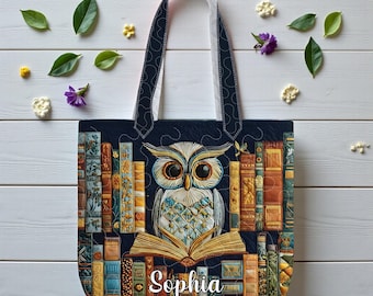 Owl Reading Books Quilt Tote Bag, Book Lover Gift Tote, Artistic Owl and Book Stack Bag, Library Tote for Readers, Literary Canvas Bag