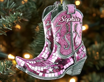 Set Di 2 Ornamenti Natalizi A Forma Di Stivali Da Cowboy E Cappello, In Acrilico, Per Albero Di Natale E Specchietto Auto, Decorazione Western - 3