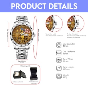 Peut inclure: Montre-bracelet argent&eacute;e avec un cadran d&eacute;taill&eacute; repr&eacute;sentant la Statue de la Libert&eacute; et un drapeau am&eacute;ricain. Le diam&egrave;tre du cadran est de 43 mm, l'&eacute;paisseur de 13 mm et la largeur du bracelet de 21 mm. La longueur du bracelet est de 230 mm, et la montre p&egrave;se 120 g.
