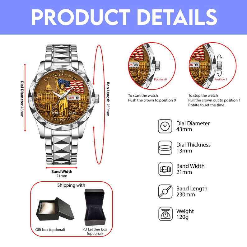 Peut inclure: Montre-bracelet argent&eacute;e avec un cadran d&eacute;taill&eacute; repr&eacute;sentant la Statue de la Libert&eacute; et un drapeau am&eacute;ricain. Le diam&egrave;tre du cadran est de 43 mm, l'&eacute;paisseur de 13 mm et la largeur du bracelet de 21 mm. La longueur du bracelet est de 230 mm, et la montre p&egrave;se 120 g.