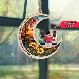 Personalized Mom And Daughter, Son Portrait Suncatcher, Mother's Day Gift For Mom, Children Sitting On The Moon Window Hanging Ornament image 2