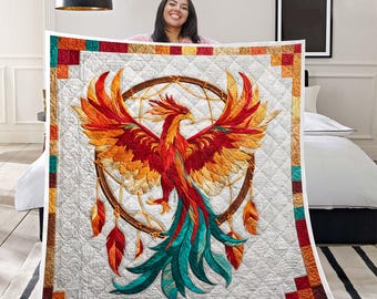 Custom Phoenix Quilt Blanket – Dreamcatcher Phoenix Art Quilt, Boho Spiritual Decor, Cozy Statement Blanket