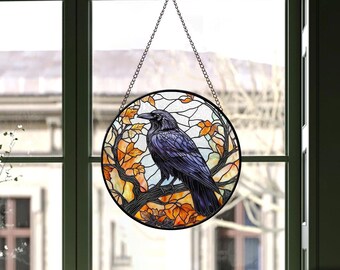 Buntglas-Krähe Auf Mond Fensterbehang - Handgefertigter Sonnenfänger Für Gothic & Halloween-Deko
