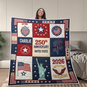 Pu&ograve; includere: Una trapunta patchwork patriottica con un design che presenta la bandiera americana, stelle e simboli patriottici. La trapunta include il testo "1776", "Charlie", "250th Anniversary United States" e "2026". La combinazione di colori &egrave; rosso, bianco e blu.