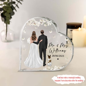 Personalized Heart Acrylic Plaque Wedding Cake Topper, Bride And Groom With Dogs, Cats, Custom Dress, Flowers, Wedding Gift, Wedding Decor image 2