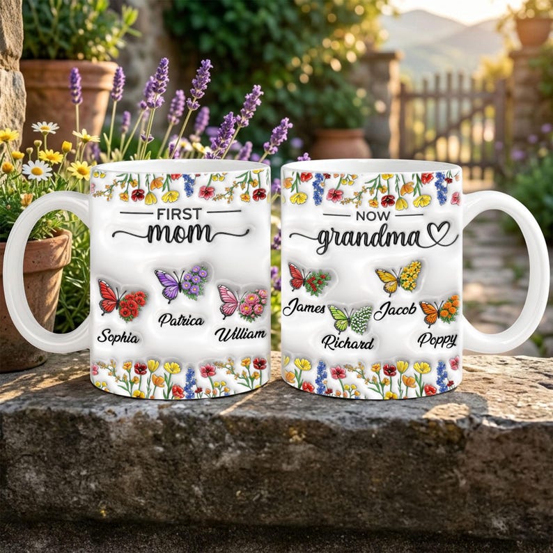 Custom Birth Month Butterfly Mom to Grandma Ceramic Mug, First Mom Now ...