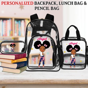 Sac à dos transparent personnalisé pour la rentrée des classes pour enfants afro-américains, sac à lunch transparent petite fille noire, trousse transparente, cadeau d'anniversaire pour enfant