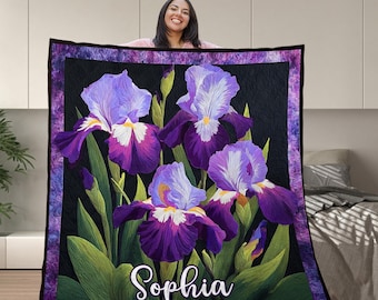 Personalized Iris Flower Quilt Blanket – Custom Name Purple Floral Flower Quilt, Botanical Art Gift for Her, Iris Lover Gift