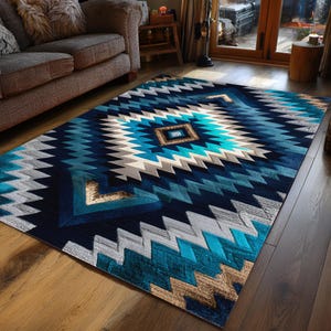 Southwestern Geometric Area Rug, Blue Aztec Rug, Cozy Boho Home Decor Accent, Aztec Inspired Blue Geometric Rug, Southwestern Tribal Rug