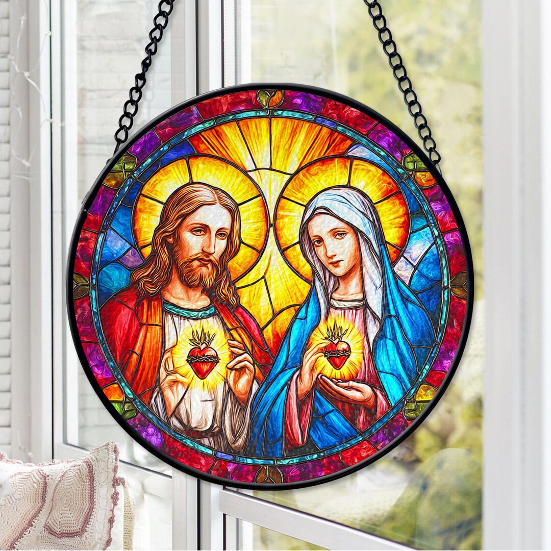 Sacred Heart Jesus and Mary Faux Stained Glass Window Hanging, Glass ...