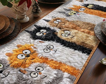 Printed 2D Flat Funny Multicolor Furry Cats Quilted Table Runner – Cute Cat Design Dining Table Decor, Quilted Table Runner for Cat Lovers