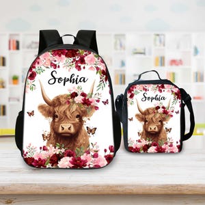 Sac à dos personnalisé vache Highland et sac à lunch pour enfants, sac à dos pour fille, cadeaux de rentrée, sac à dos personnalisé pour les amateurs de vaches