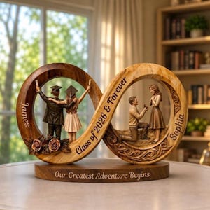 May include: A wooden infinity sculpture with two scenes: a graduation and a proposal. The sculpture features the names "James" and "Sophia", the text "Class of 2026 & Forever", and "Our Greatest Adventure Begins". The sculpture is brown and beige.