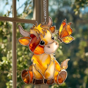 Highland Cow and Butterfly Acrylic Window Hanging, Cute Cow Suncatcher, Farmhouse Animal Decor, Highland Cow Lover Decor, Country Home Decor